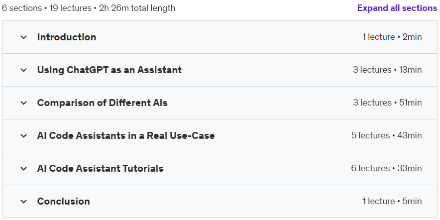 Course topics · Code Faster with AI: ChatGPT, GitHub Copilot, Tabnine & More 2024-2
