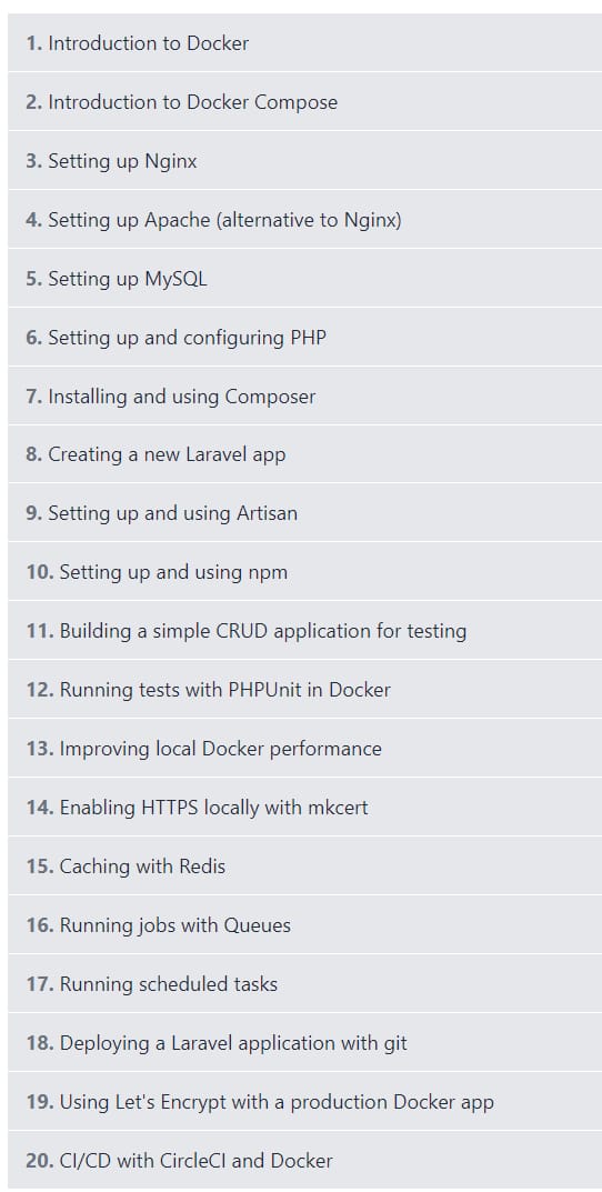 Course topics · Laravel Docker – Develop and Deploy Laravel Applications with Docker 2023-9