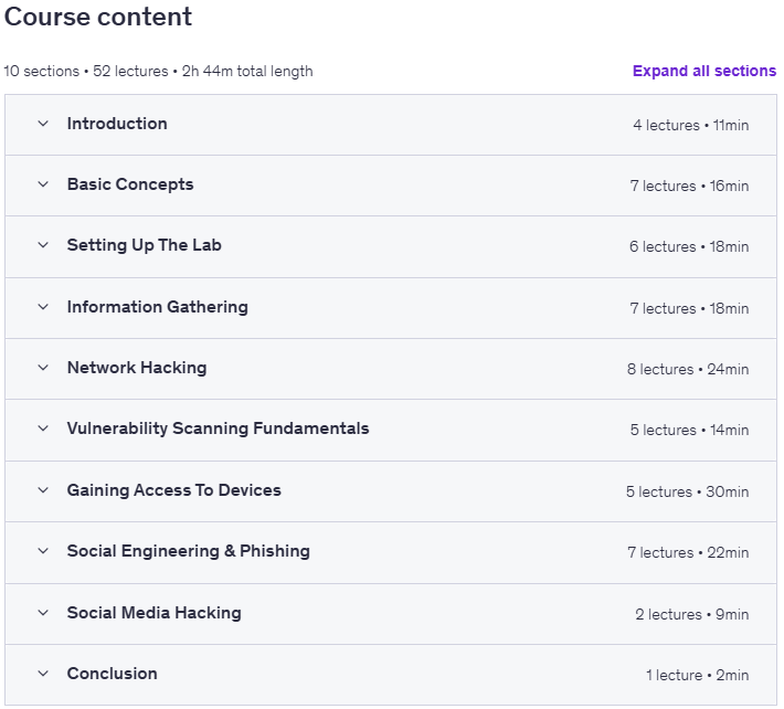 Course topics · Complete Hacking Course : From Beginner to Intermediate 2025-12