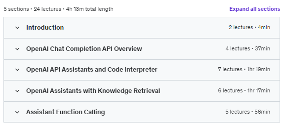 Course topics · Udemy — OpenAI Assistants with OpenAI Python API 2023-12