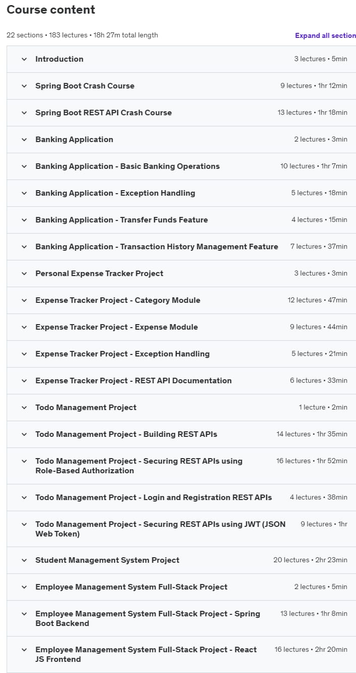 Course topics · Build 5 Spring Boot Projects with Java: Line-by-Line Coding 2024-2