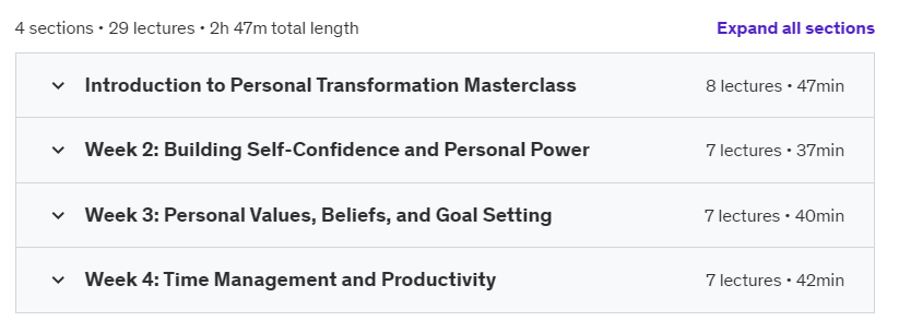 Course topics · Udemy — Personal Transformation Masterclass: Achieve All Your Goals 2023-5