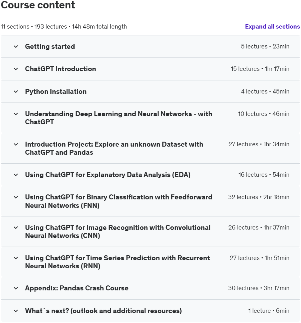 Course topics · Udemy — ChatGPT for Deep Learning with Python Keras and Tensorflow 2024-12