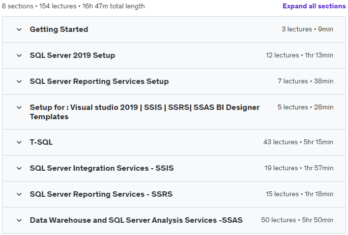 Course topics · Udemy — Become an SQL Developer: Learn (SSRS, SSIS, SSAS,T-SQL,DW) 2020-5