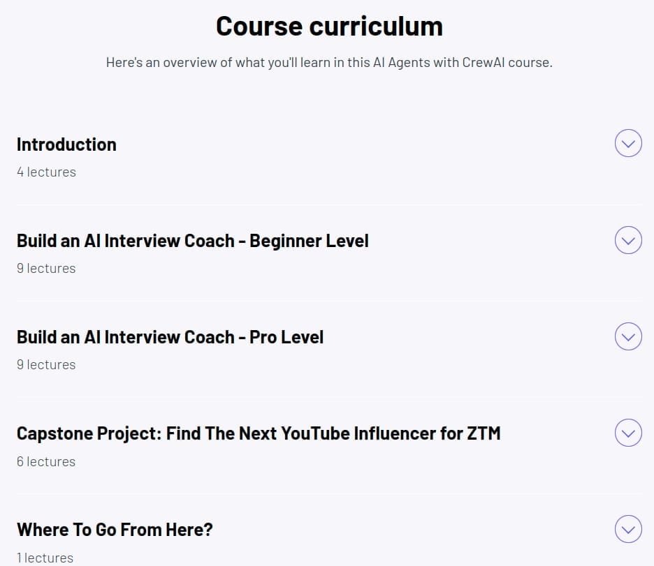 Course topics · ZeroToMastery — Build AI Agents with CrewAI 2025-4