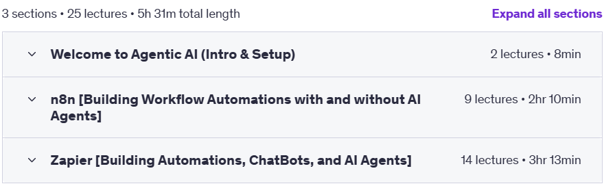 Course topics · Udemy — Ultimate Beginners Guide to AI Agents [n8n and Zapier] 2025 2025-8
