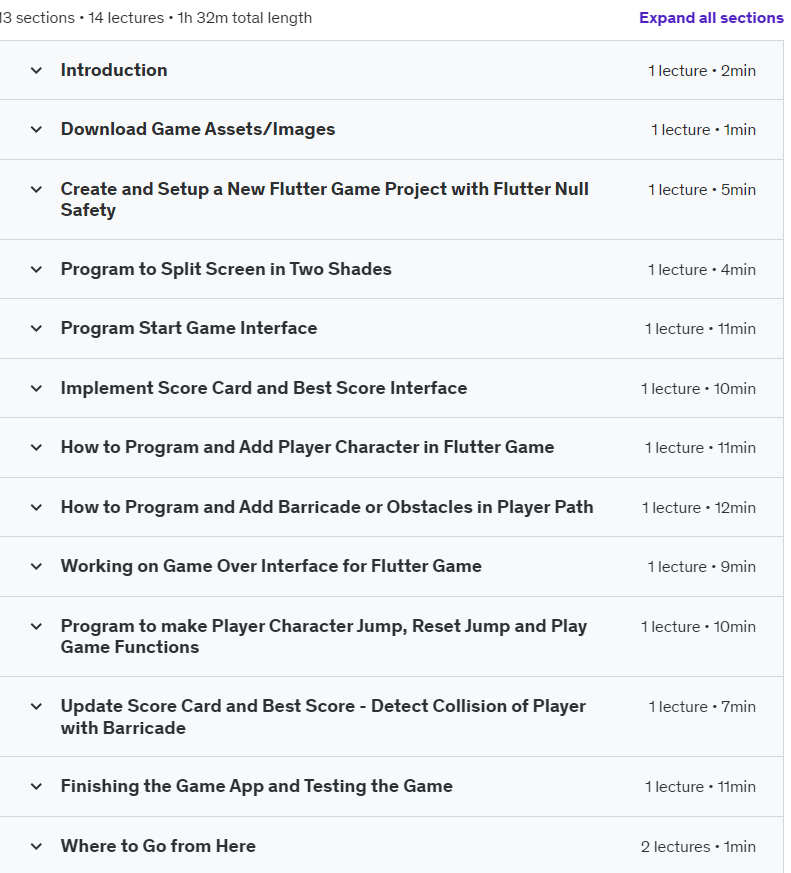 Course topics · Flutter & Dart – Build Chrome Dinosaur Game, Dino Runner 2024-6