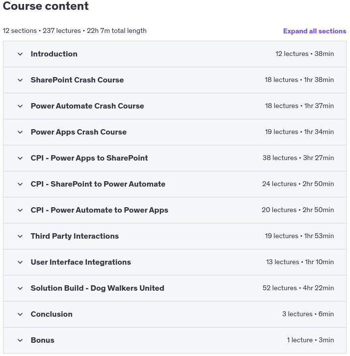 Course topics · Udemy — Build Solutions with Power Apps, Power Automate & SharePoint 2025-1