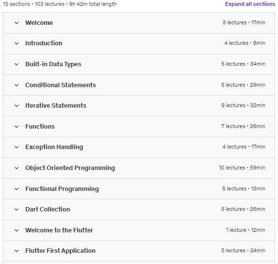 Course topics · Udemy — Dart and Flutter: The Ultimate Mobile App Development Course 2023-9