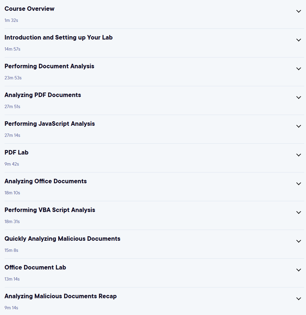 Course topics · Pluralsight — Performing Malware Analysis on Malicious Documents 2024-9