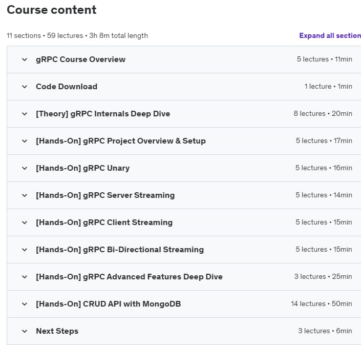 Course topics · Udemy — gRPC [Nodejs] MasterClass: Build Modern API & Microservices 2020-5