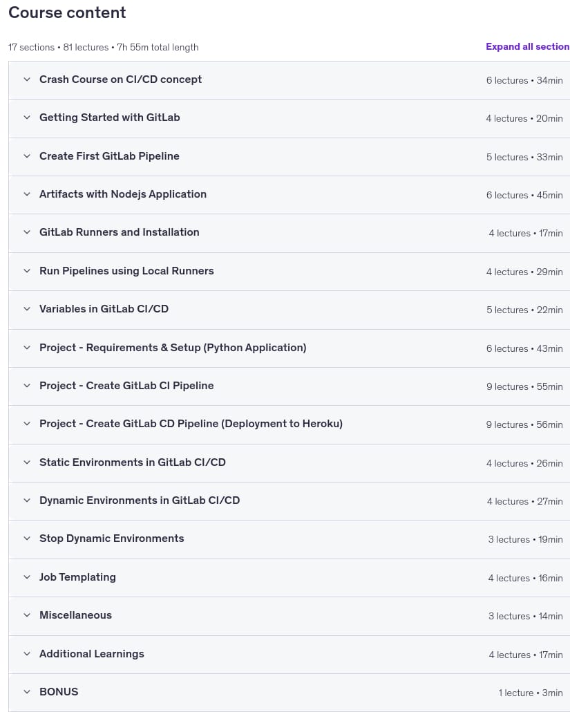 Course topics · GitLab — A Complete Hands-On for CI/CD Pipelines & DevOps 2025-6