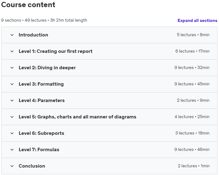 Course topics · Udemy — SAP Crystal Reports 2020 (and earlier versions) 2023-1