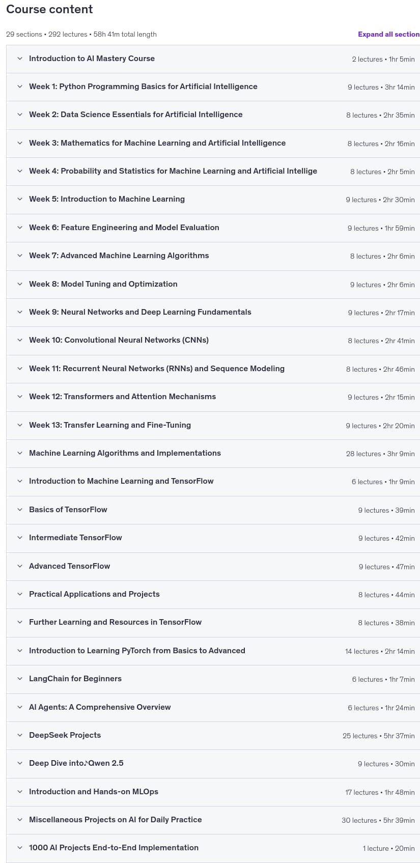 Course topics · Udemy — AI Mastery Bootcamp 2026: Complete Guide with 1000 Projects 2026-7