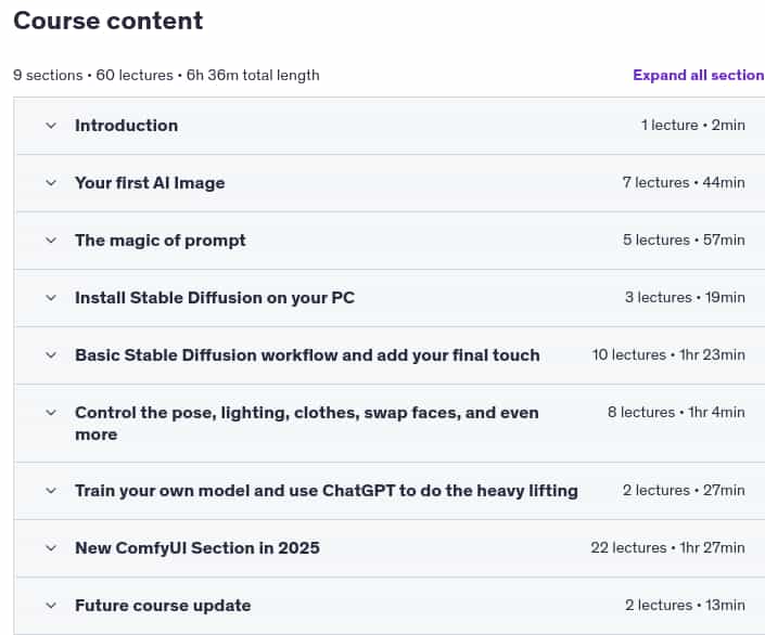 Course topics · Udemy — Ultimate Stable Diffusion AI art Course (beginner to pro) 2025-6