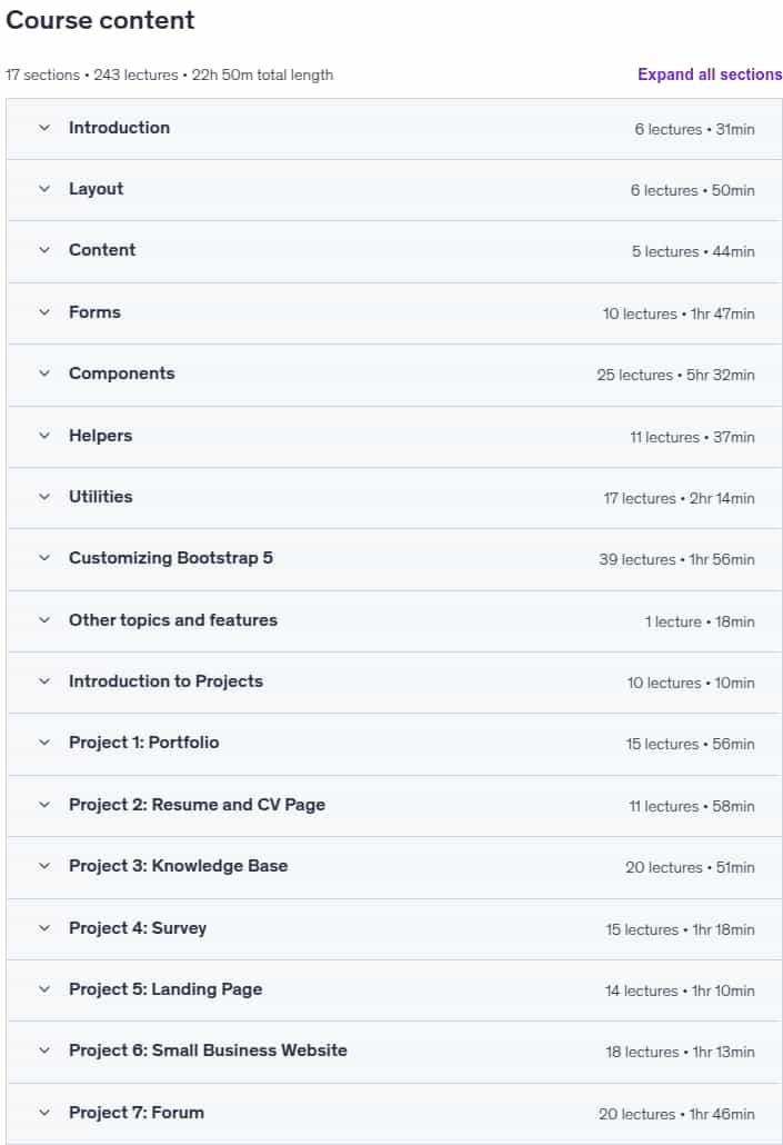 Course topics · Master Bootstrap 5 with 6 projects and Sass customization 2023-5