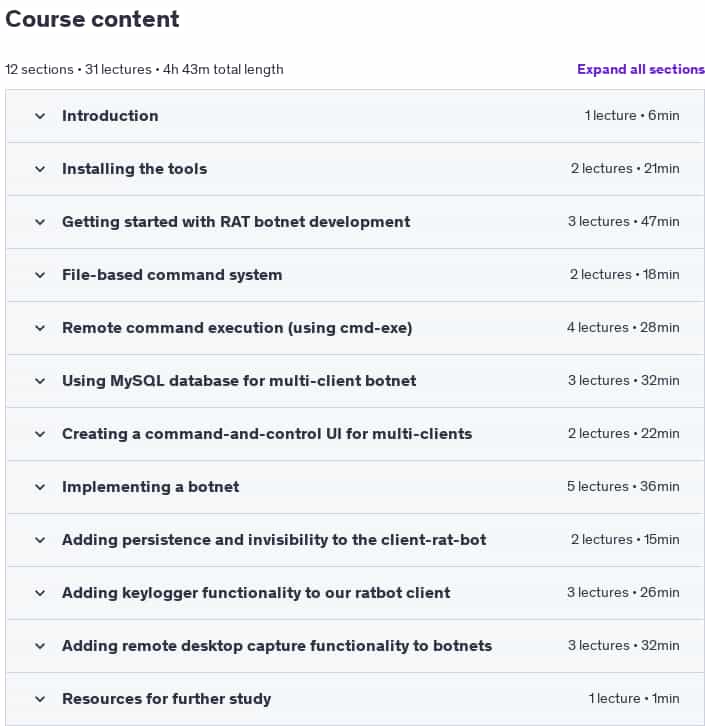 Course topics · Udemy — Remote Access Tools (RAT3) : Design and Implement Botnets 2024-12