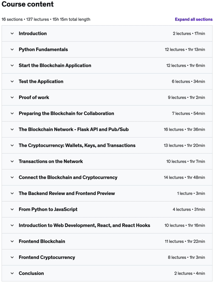 Course topics · Python, JS, & React | Build a Blockchain & Cryptocurrency 2021-9