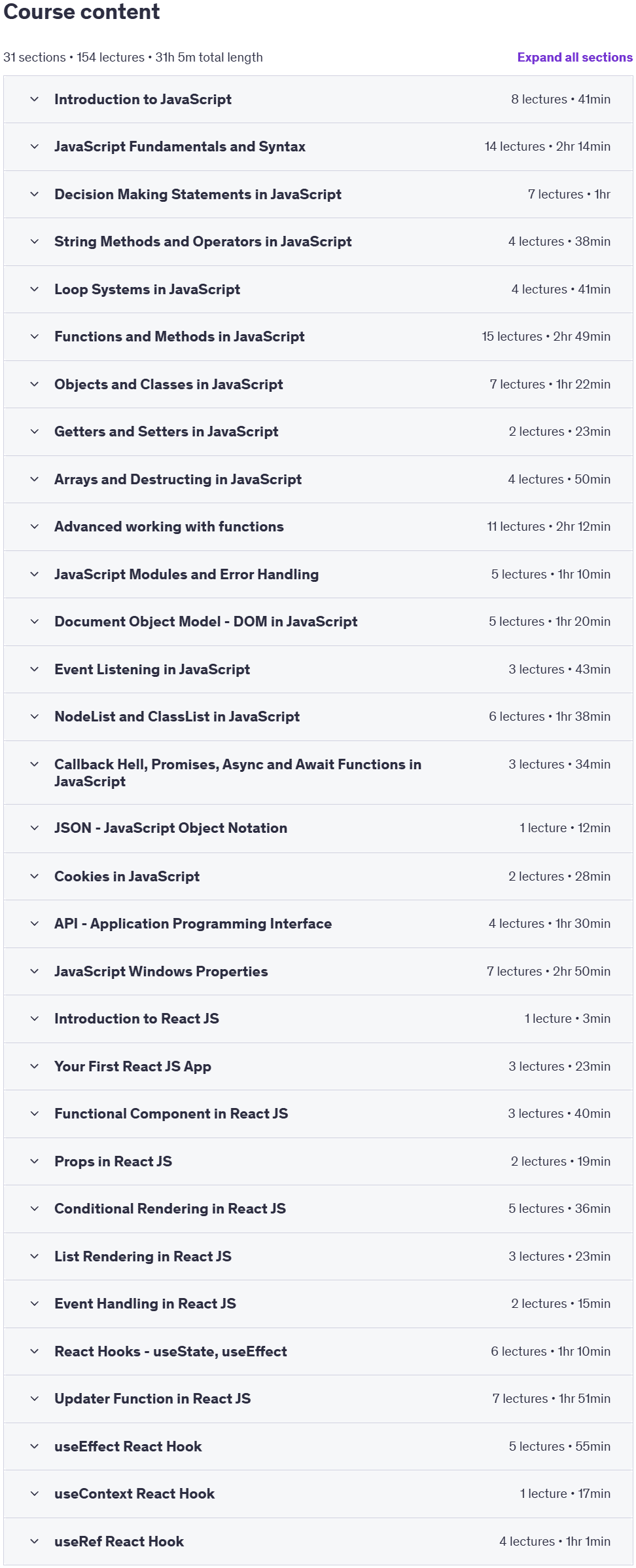 Course topics · JavaScript & React JS Codecamp | Build Games & 15+ Projects 2025-4