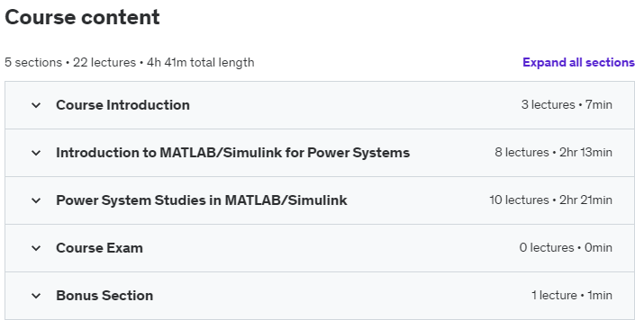 Course topics · Udemy — MATLAB/Simulink for Power System Simulations 2020-10