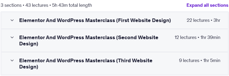 Course topics · Udemy — WordPress & Elementor 2025 Creative Website Design Bootcamp 2023-8
