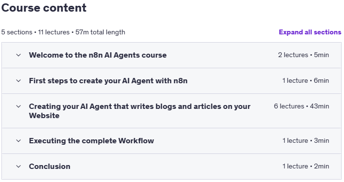 Course topics · Udemy — AI Agents with n8n: Create Automated Content for Your Site 2025-7