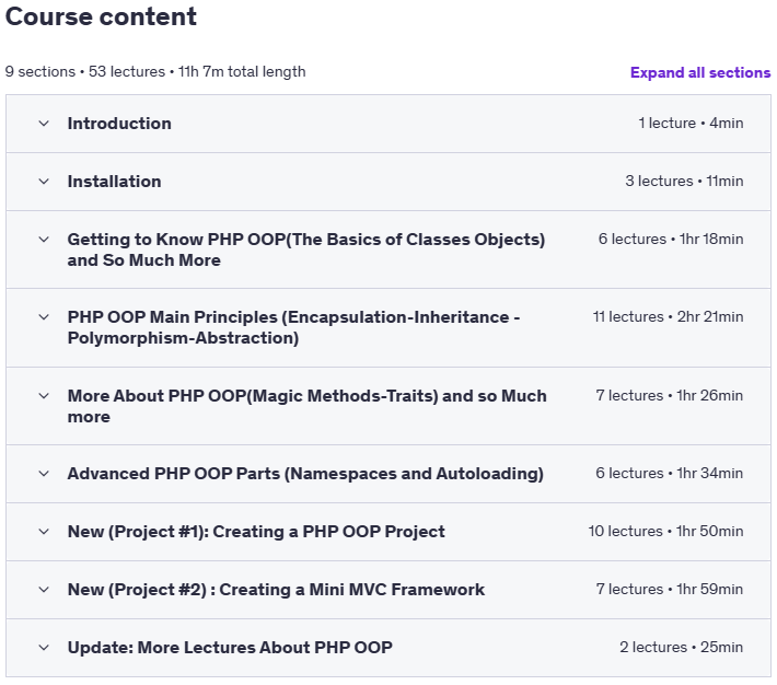 Course topics · Udemy — The Complete PHP Object Oriented Programming Course 2025-5