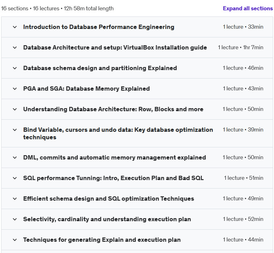 Course topics · Udemy — DB Performance Engineering 2024-11