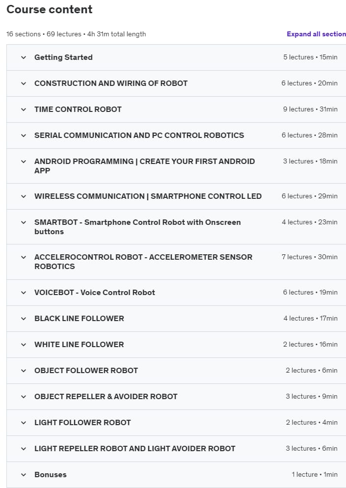 Course topics · Udemy — Hands-On Robotics with Arduino, Build 13 robot projects 2020-6