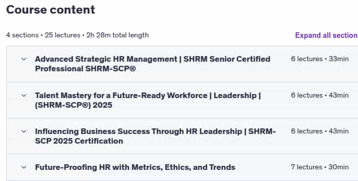 Course topics · Udemy — SHRM Senior Certified Professional (SHRM-SCP®) 2025 2025-6