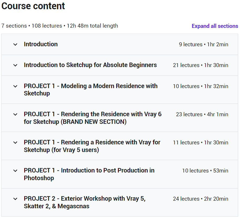 Course topics · Udemy — The Complete Sketchup & Vray Course for Architectural Design 2022-9