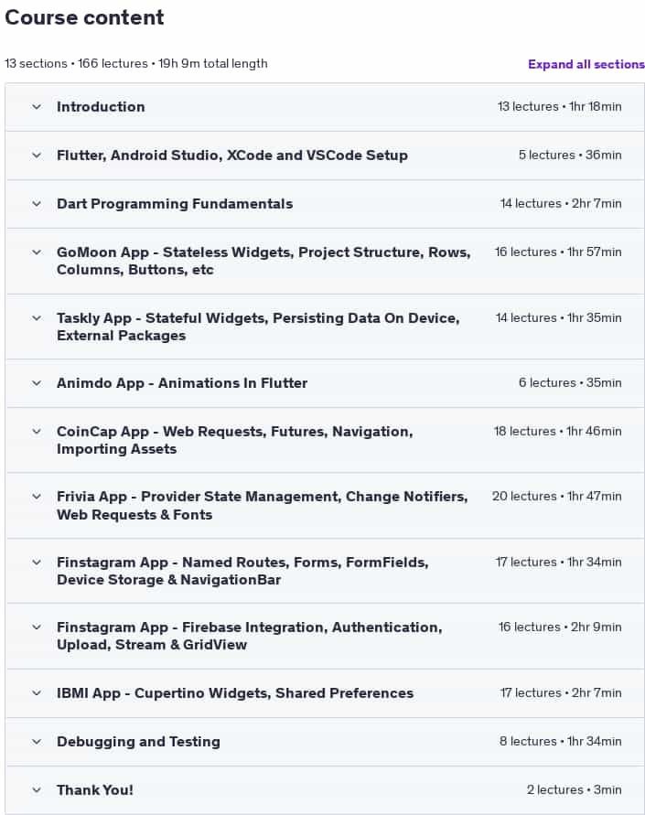 Course topics · Dart & Flutter | The Complete Flutter Development Course 2025-4