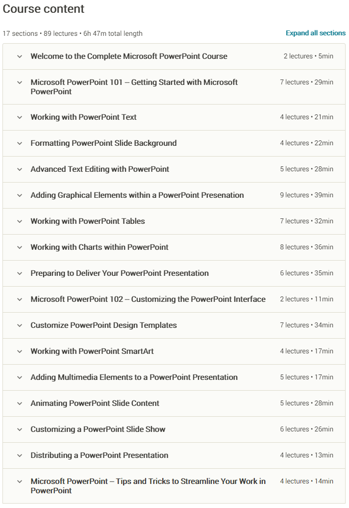 Course topics · Udemy — Microsoft PowerPoint From Beginner to Advanced 2019-11