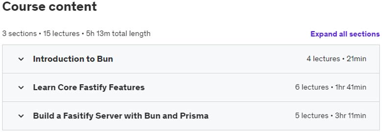 Course topics · Udemy — Build Servers with BunJS Fastify and Prisma 2023-11