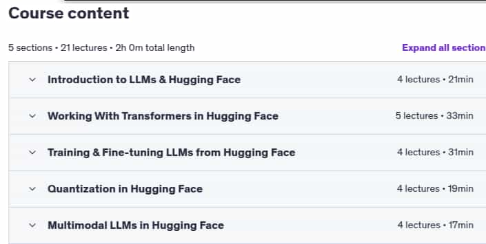 Course topics · Udemy — Learn Hugging Face for Mastering Generative AI with LLMs 2025-5