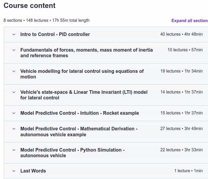 Course topics · Udemy — Applied Control Systems 1: autonomous cars: Math + PID + MPC 2024-5