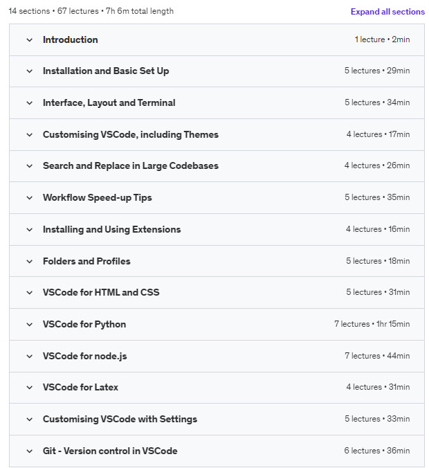 Course topics · Udemy — The Complete Visual Studio Code Course 2023-11