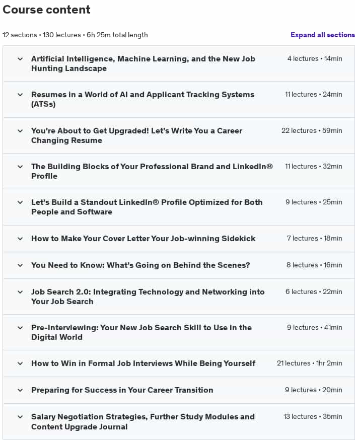 Course topics · Udemy — Career Hacking: The Ultimate Job Search Course (Now w/ AI!) 2024-11