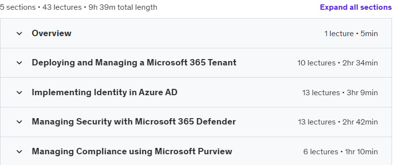 Course topics · Udemy — Microsoft 365 Administrator : MS-102 2023-9