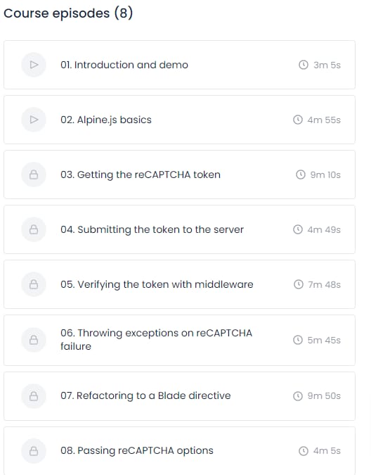 Course topics · CodeCourse — reCAPTCHA with Laravel 2024-1