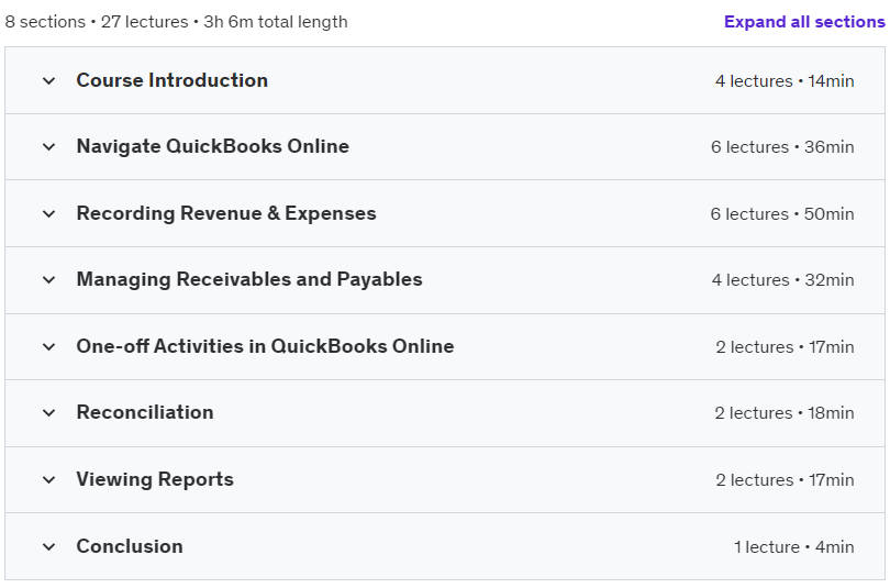 Course topics · Udemy — Master QuickBooks Online 2024 2024-4