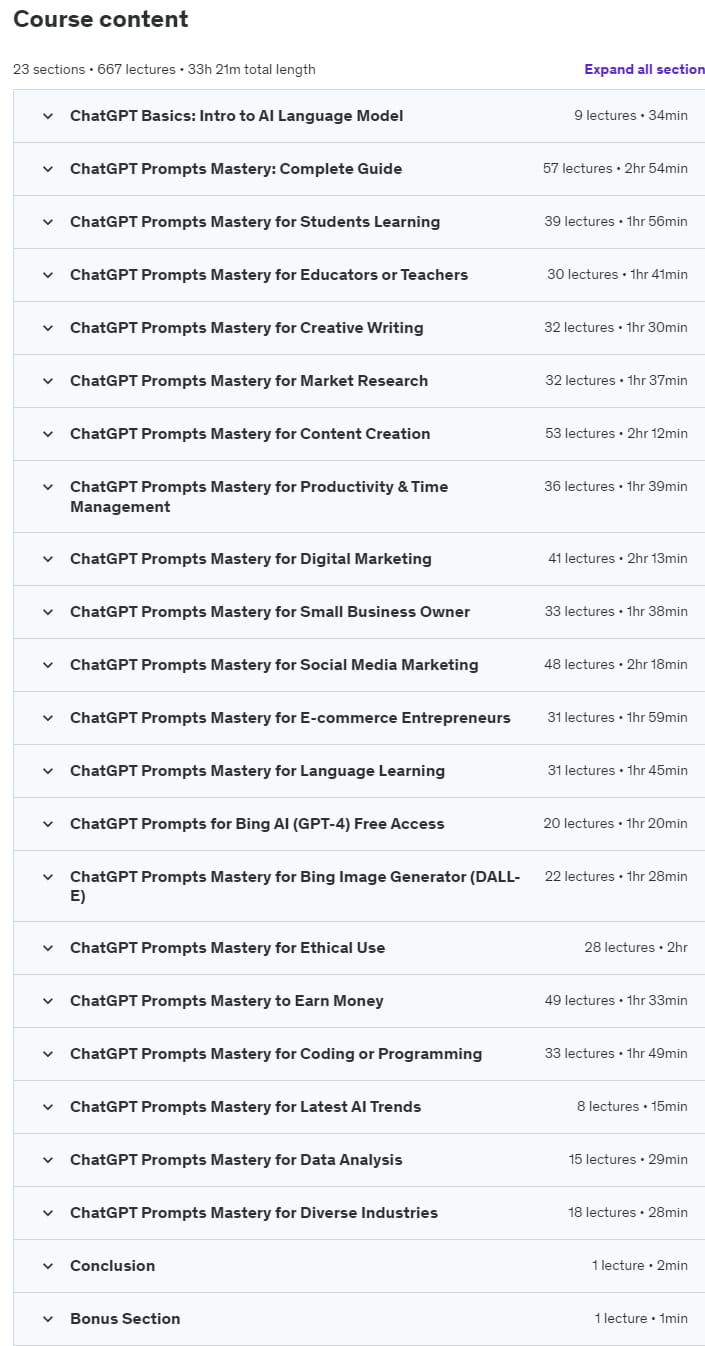 Course topics · ChatGPT Prompts Mastery: 50,000+ Prompts | 20 Courses in 1 2023-11
