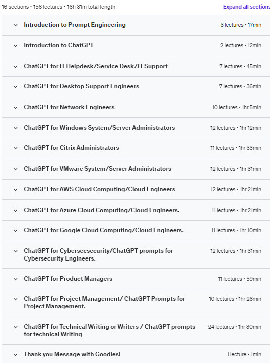Course topics · Udemy — ChatGPT for IT Professionals [10X Your Productivity at Work] 2023-10