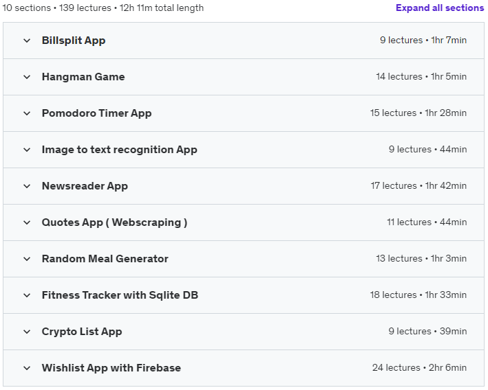 Course topics · Udemy — Build 10 Real World Apps with Flutter 2022-6
