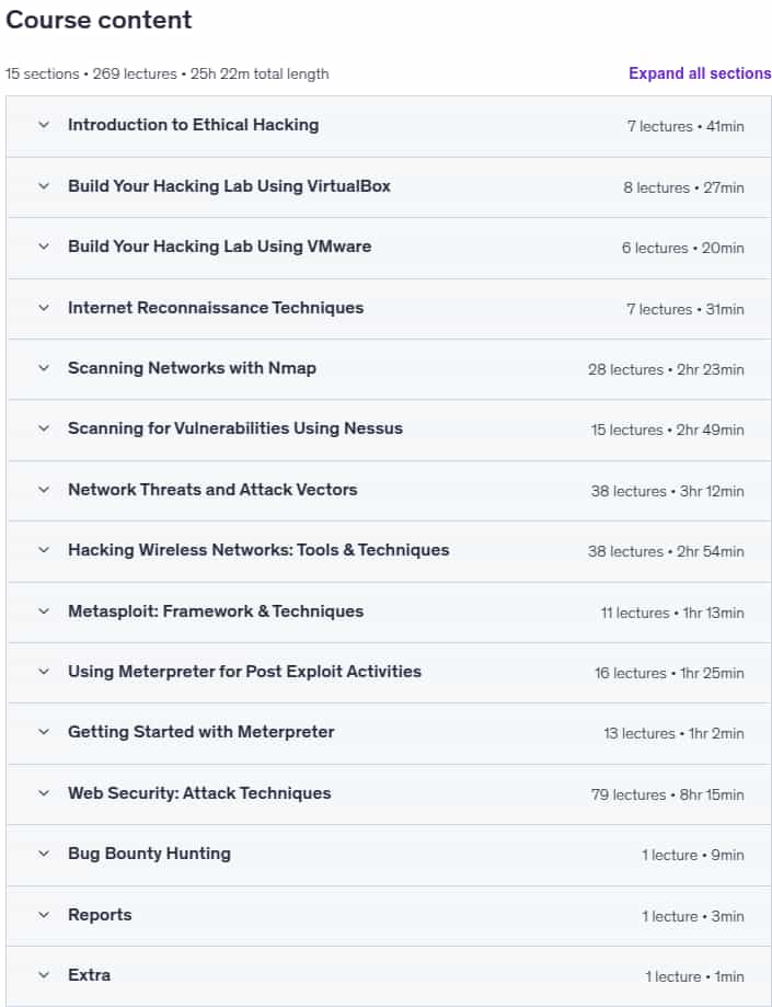 Course topics · Udemy — Full Ethical Hacking & Penetration Testing Course | Ethical 2025-9