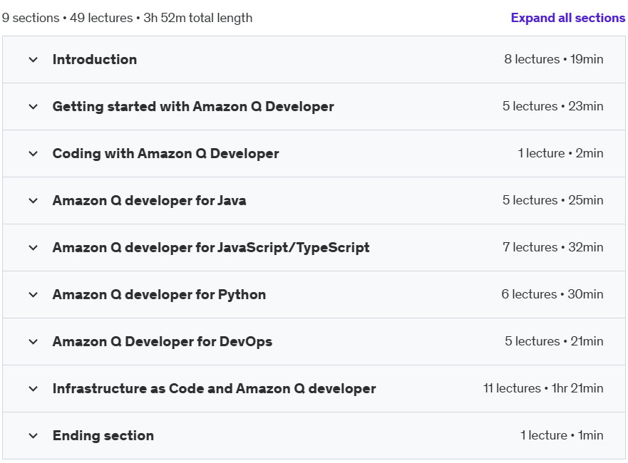 Course topics · Udemy — Amazon Q Developer for Programmers and DevOps AWS AI coding 2024-10