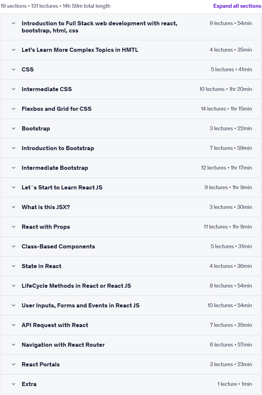Course topics · Full Stack Web Development HTML, CSS, Bootstrap and React JS 2025-4