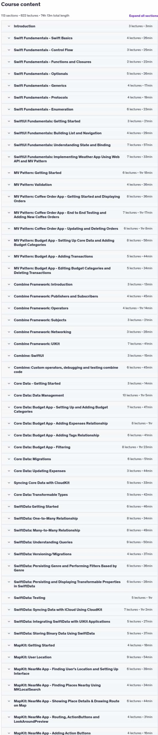 Course topics · The Ultimate 70+ Hours iOS Development Bootcamp 2025-7