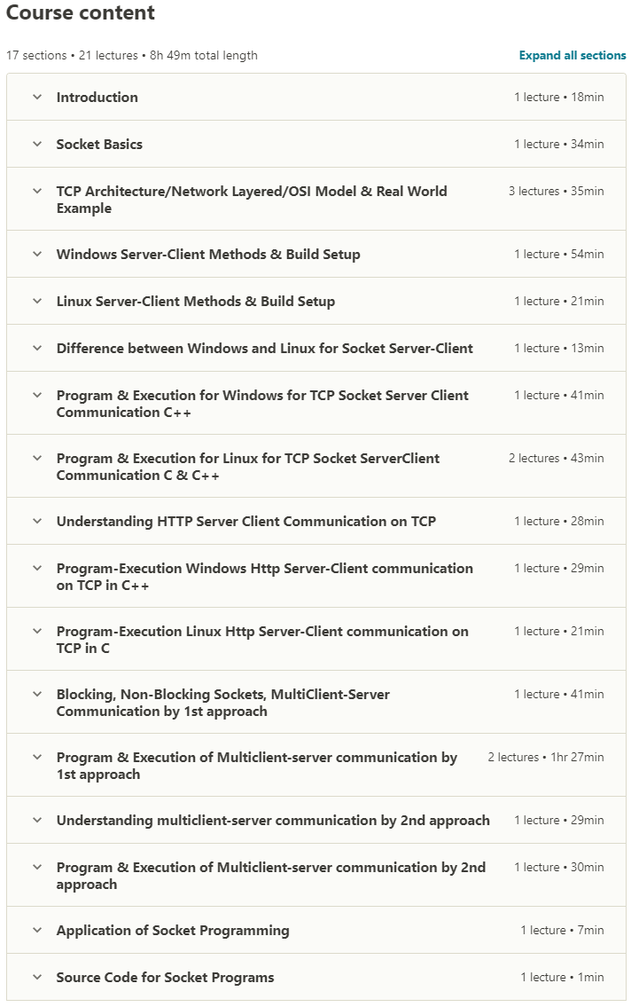 Course topics · Udemy — TCP/IP Socket Programming HandsOn-Windows & Linux in C & C++ 2020-10