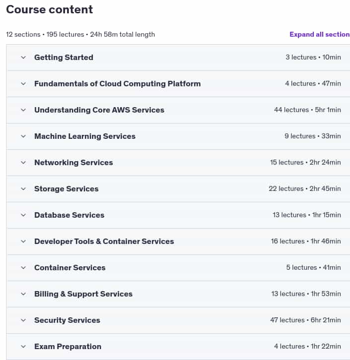 Course topics · Udemy — AWS Certified Cloud Practitioner 2025 [NEW] 2025-7